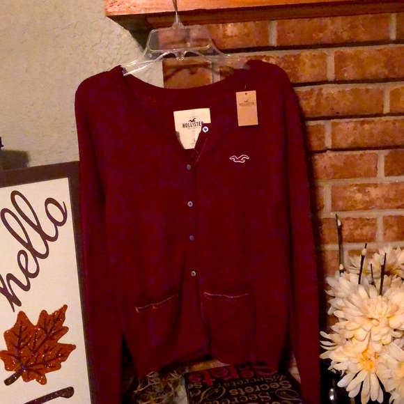 NWT Vintage Hollister burgundy cardigan sweater. Velour strip on pockets. - Picture 1 of 10